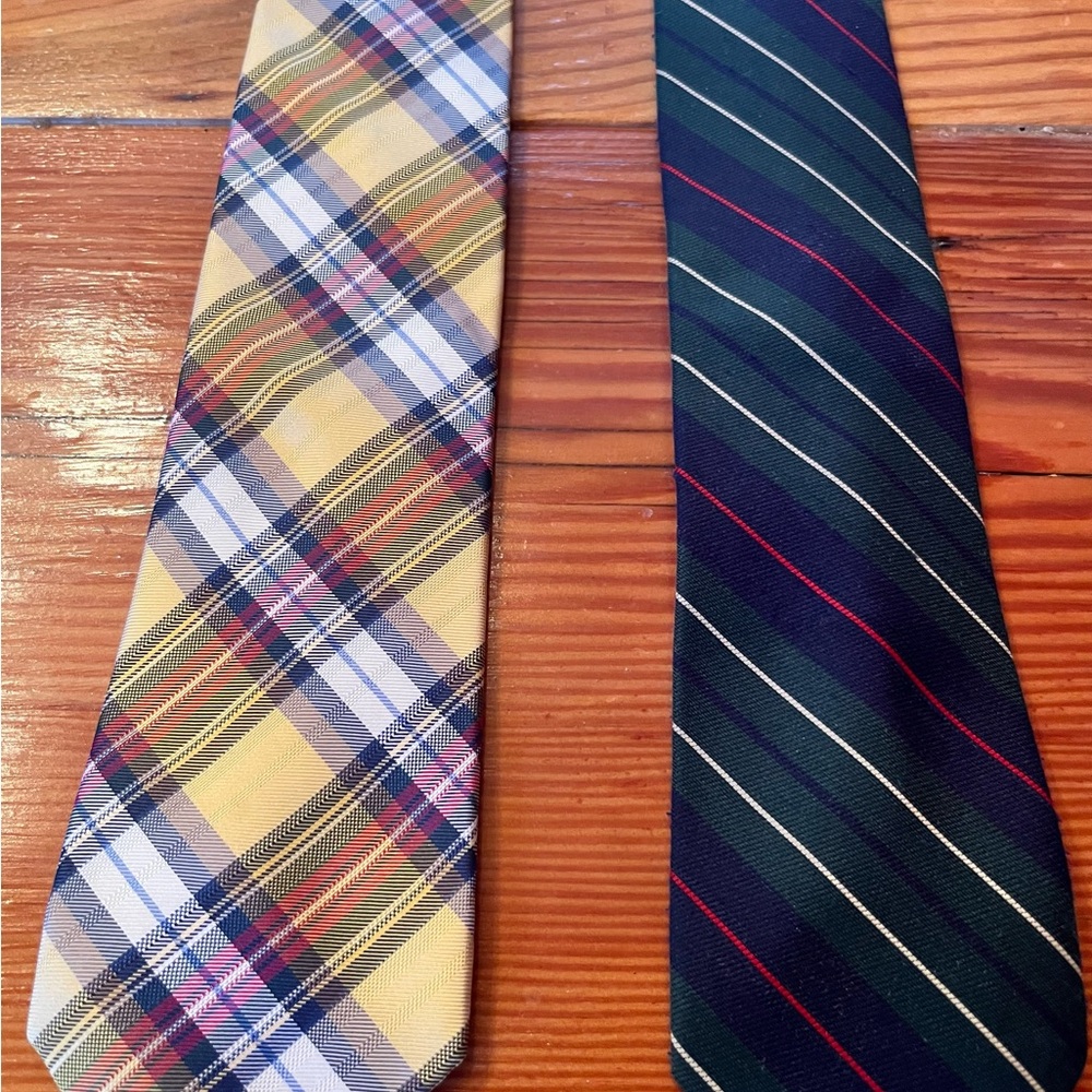 Bundle of 2 Preppy Classic Ties Yellow Tartan Plaid Chaps/ Green Striped Repp